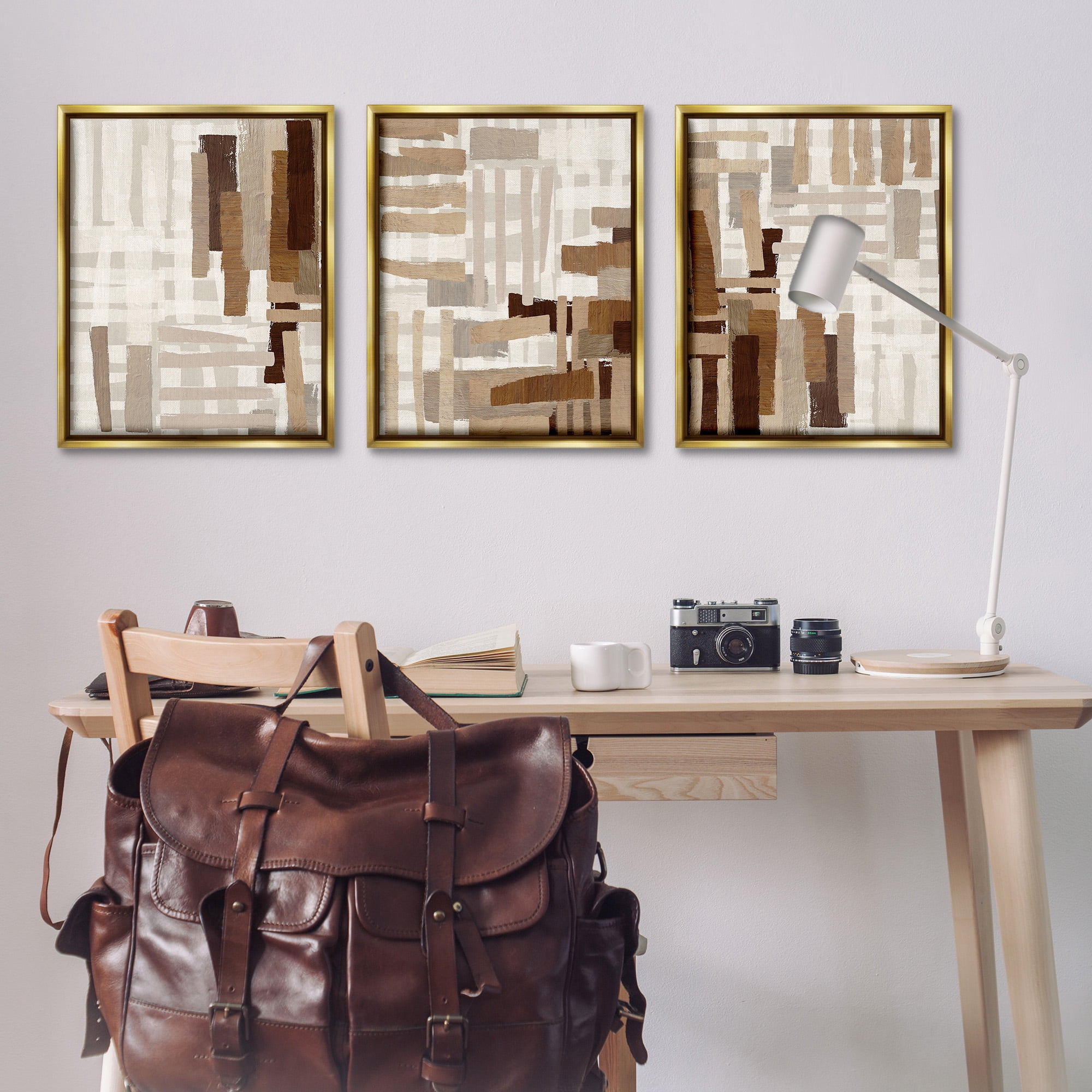 Stupell Industries Natural Hatched Patterns Abstract Painting Gold Floater Framed Canvas Art Print Wall Art, 25 x 31, Set of 3