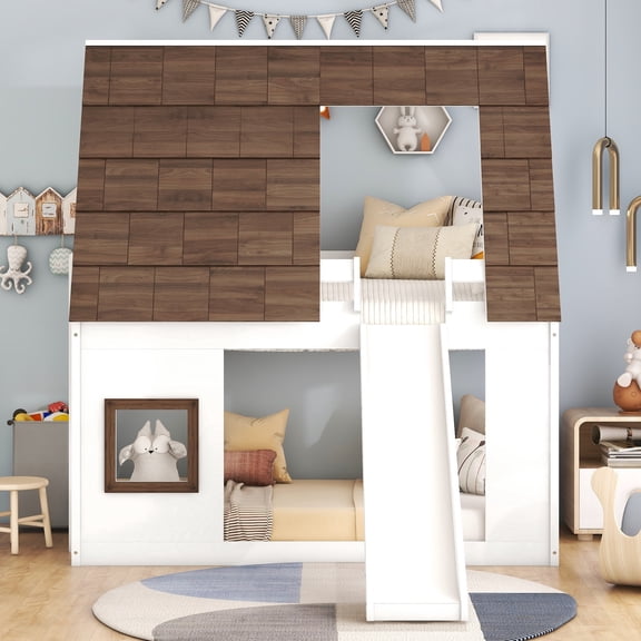 Wood Twin Size House Bunk Bed with Roof, Ladder and Slide, White Brown