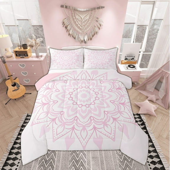 Manfei Western Damask Print Bedding Comforter Set for Adult, Vintage Pink Floral Twin Comforter Sets, Bohemian Mandala Geometric Reversible Bedding Set, Lightweight Room Decor, 2-Piece