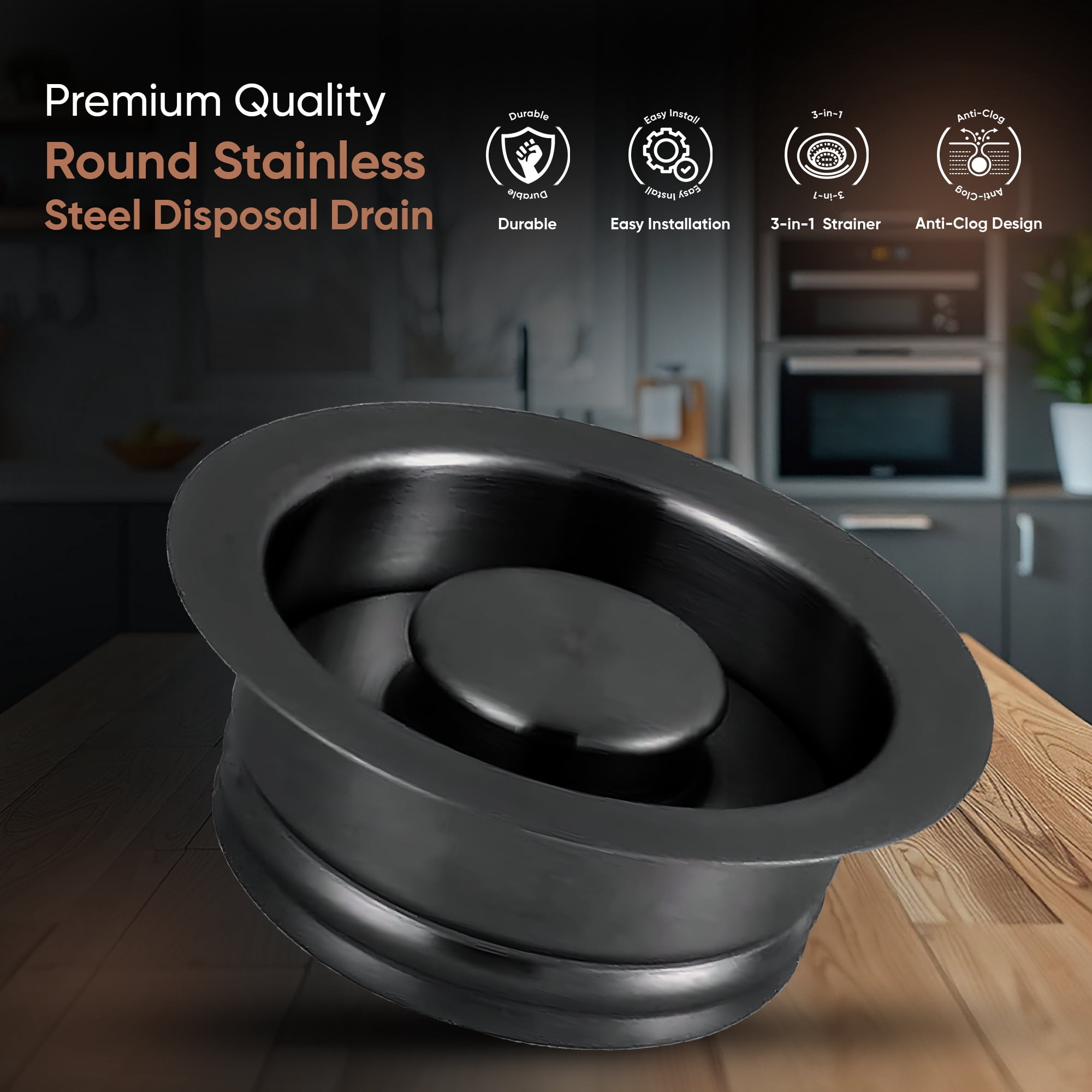Strictly Sinks Garbage Disposal Flange & Stopper - Stainless Steel Garbage Disposal Drain for 3-1/2 Inch Standard Sink Drain Hole - Anti-Clog Kitchen Sink Drain with Garbage Disposal Stopper Black
