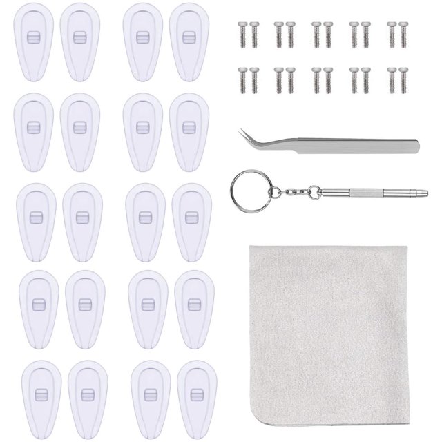 Kit de reparación de anteojos, 10 pares de almohadillas nasales de silicona, almohadillas nasales de aire antideslizantes para anteojos, almohadillas nasales atornillables con pinzas de tornillo y pa