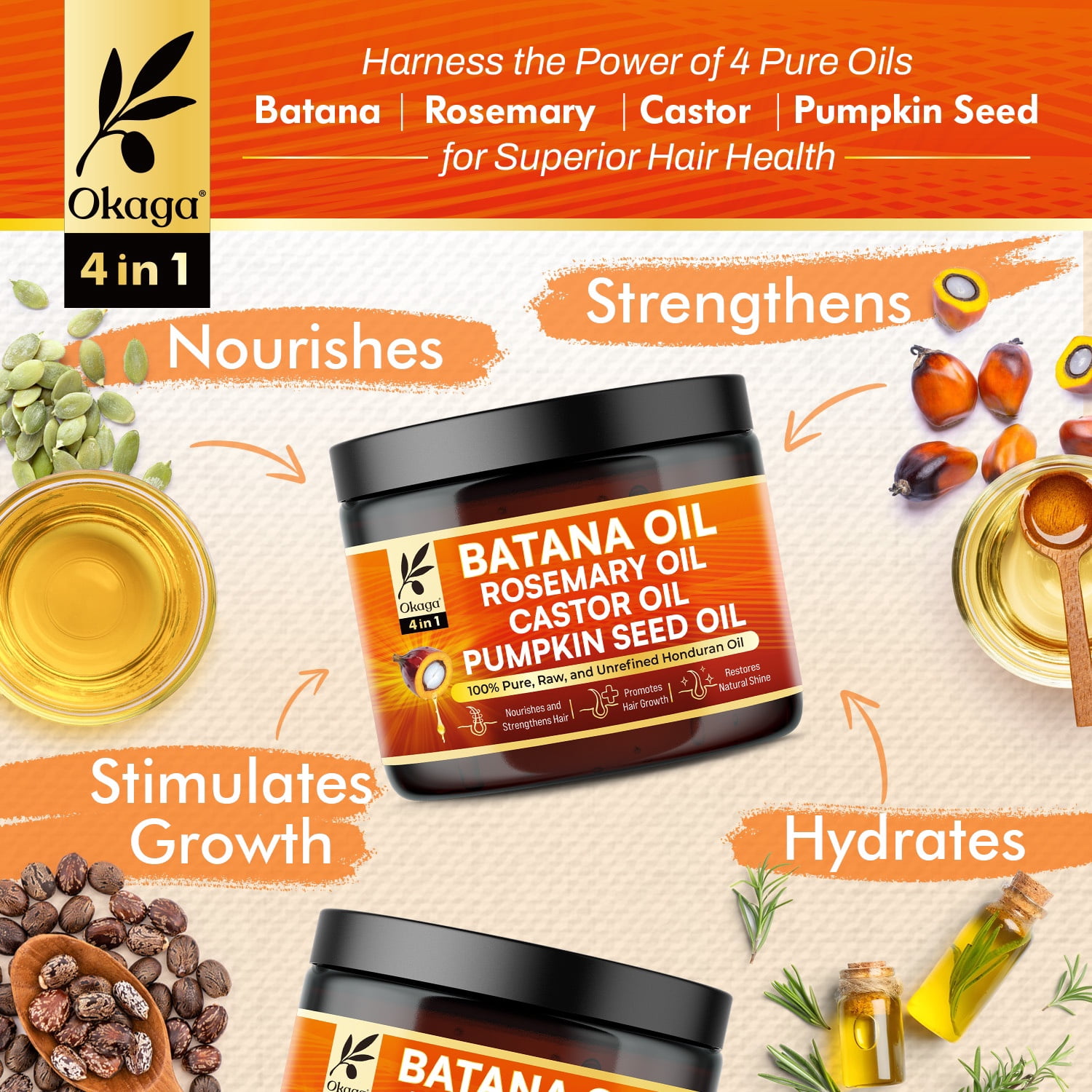 Okaga Batana Oil for Hair Growth, All-in-One Blend with Batana, Rosemary, Castor & Pumpkin Seed Oils, Pure & Unrefined, Softens, Smooths, Strengthens, Adds Shine, Clean Beauty for All Hair Types