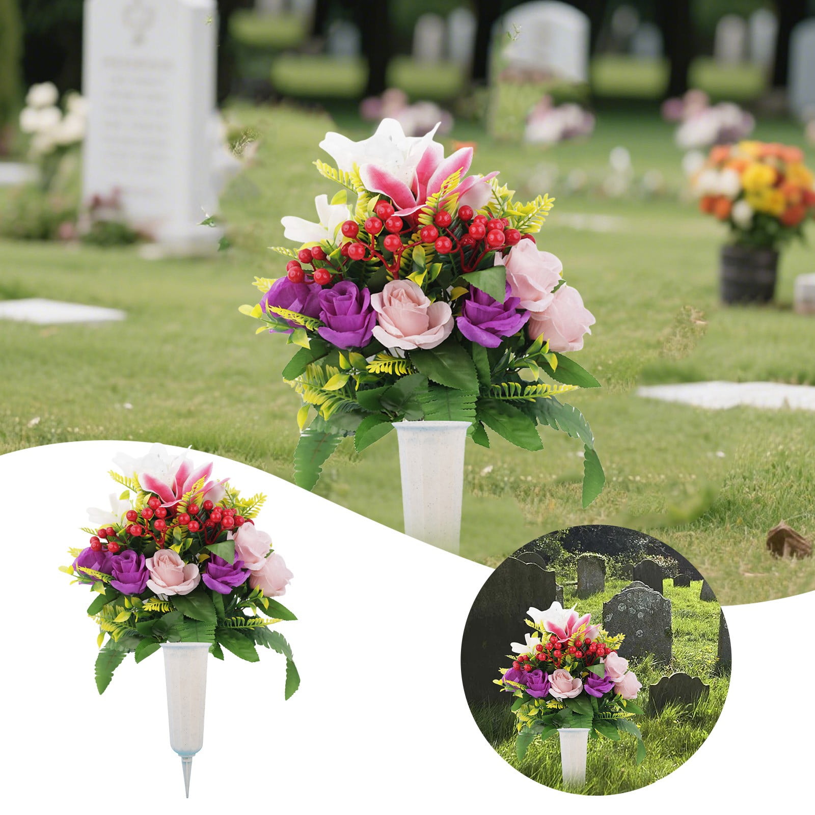 Artificial Cemetery Flowers with Vase,Set of 2 Artificial Rose Lily Bouquet Graveyard Memorial Flowers for Cemetery Headstones Decoration