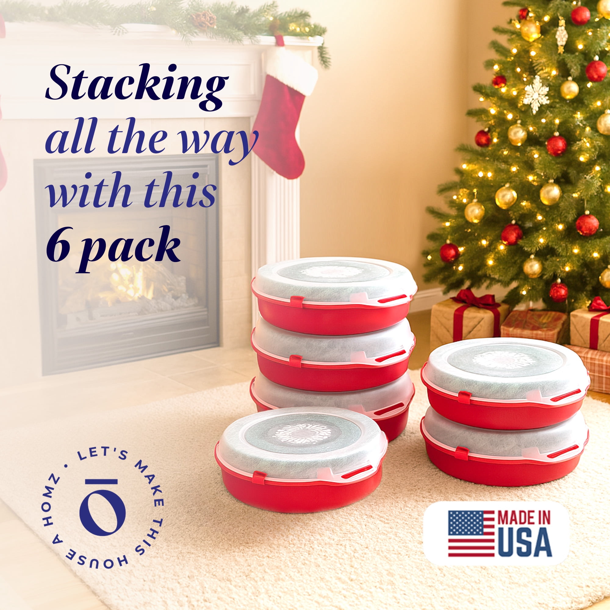 Homz 24'' Holiday Christmas Plastic Wreath Storage Box, Red (6 Pack)