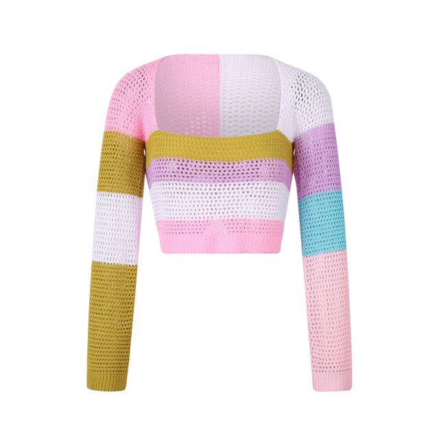 Mialoley Women Crochet Knit Crop Tops, Long Sleeve Color Block Hollow Out Regular Fit T-Shirts