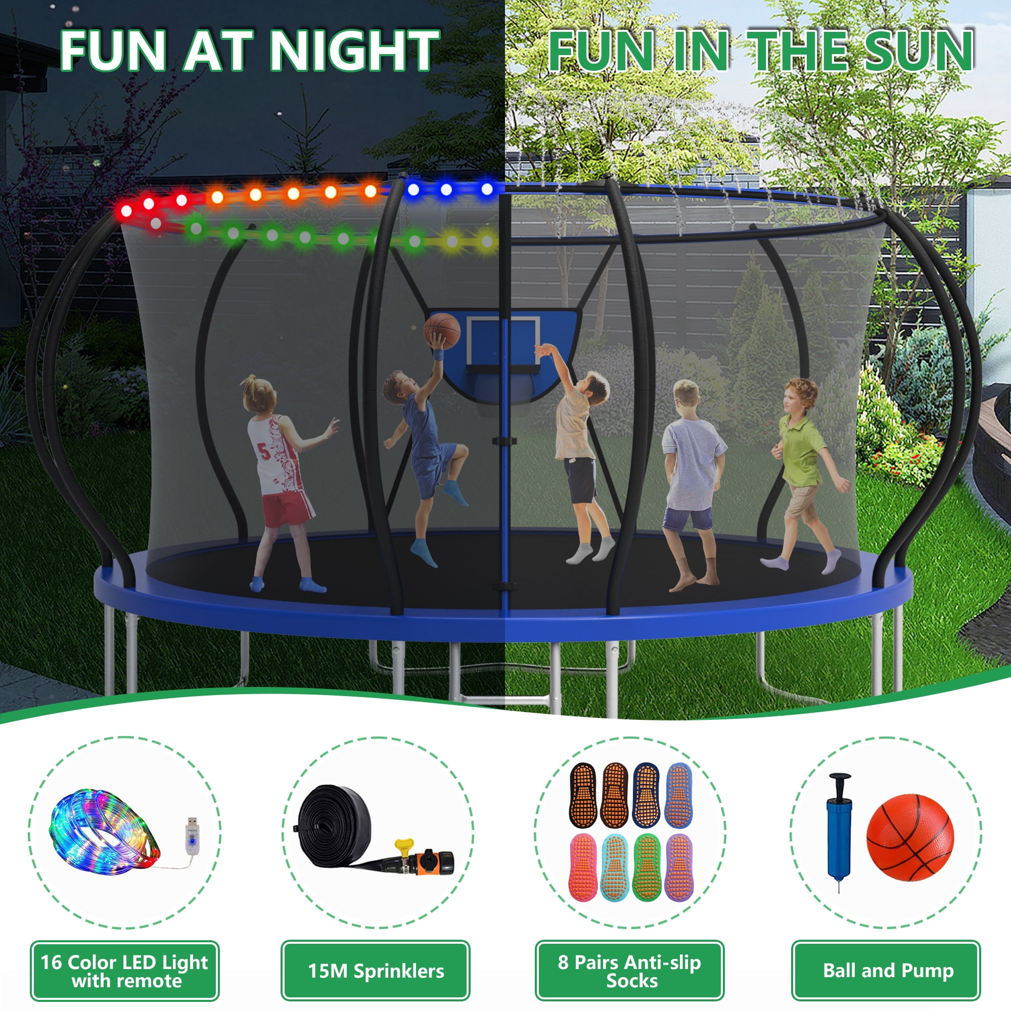 LHX Trampoline for Kids 12FT 14FT 16FT Outdoor Trampolines with Basketball Hoop, Safety Enclosure Net, Lights, Sprinklers, Socks, Recreational Heavy Duty Trampoline, 1400 LBS Loading, Easy to Install