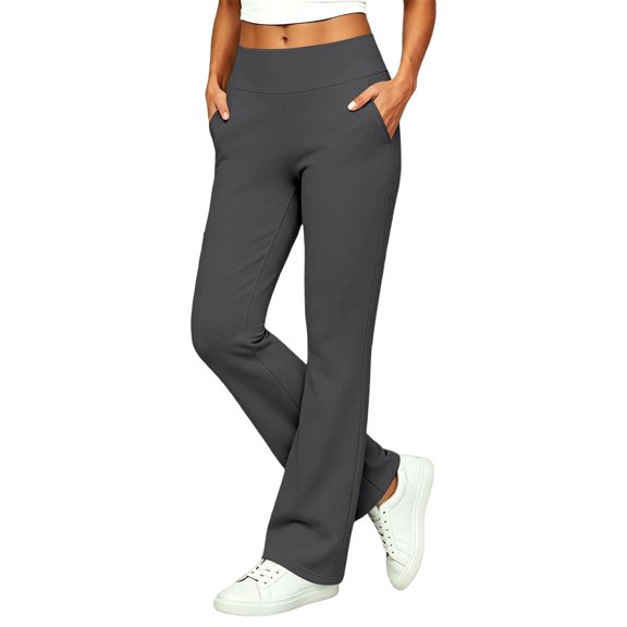 RUTAYY Women's Flare Pants High Waist Wide Waistband With Pockets Soft Stretch Casual Work Trousers, Dark Gray