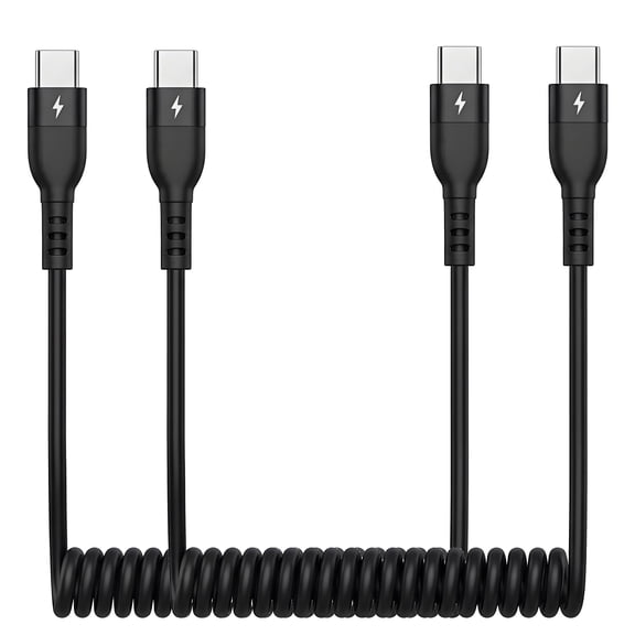 ROFAY 3' Coiled USB C to USB C Cable, Black, 2 Count, 2 Pack