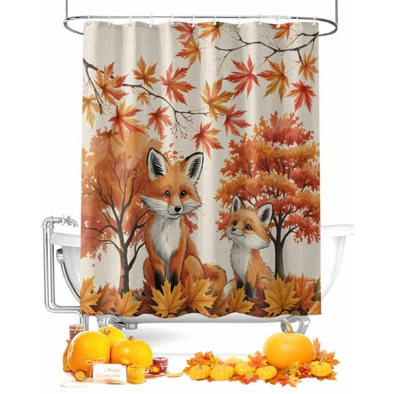 Fall Shower Curtain Fox Bathroom Curtains with Hooks, Waterproof Fabric Autumn Maple Leaves Tree Linen Thanksgiving Bath Shower Curtains Set for Bathroom Bathtubs Decor 72x72 Inch