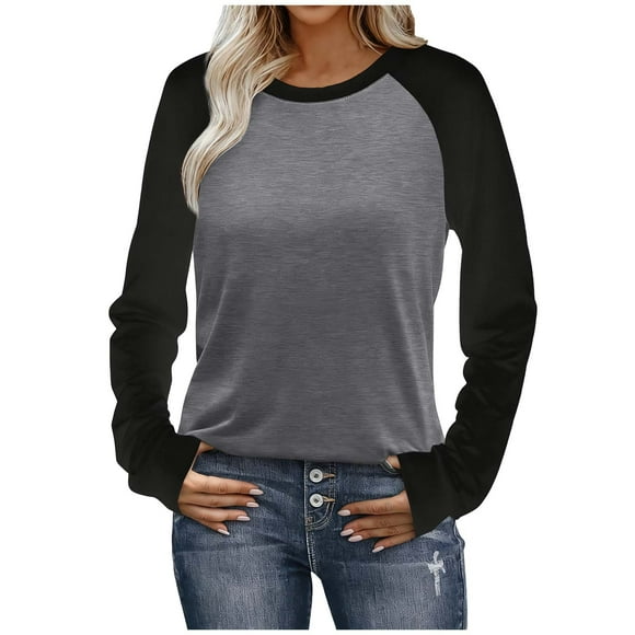 Chemises pour Femmes, Mode Décontractée, Coupe Régulière, Manches Longues, T-Shirt à Blocs de Couleur, Col Rond, Haut Léger, T-Shirts pour Femmes