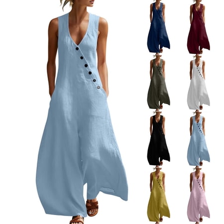 Women s Linen Overalls Casual V-Neck Button-Up with Pockets Stretchy and Breathable for Daily Wear Lounge or | TOPLIU Blue L