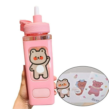 

700ml Cartoon Plastic Water Bottle with Straw Stickers Outdoor Sports Portable Pink