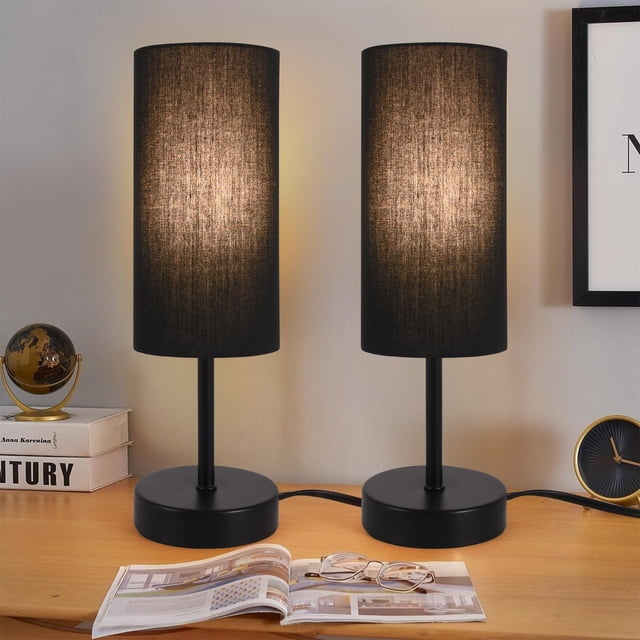 Paquete de 2 lámparas de mesa RISLG con pantalla de lino de 39 cm, color negro