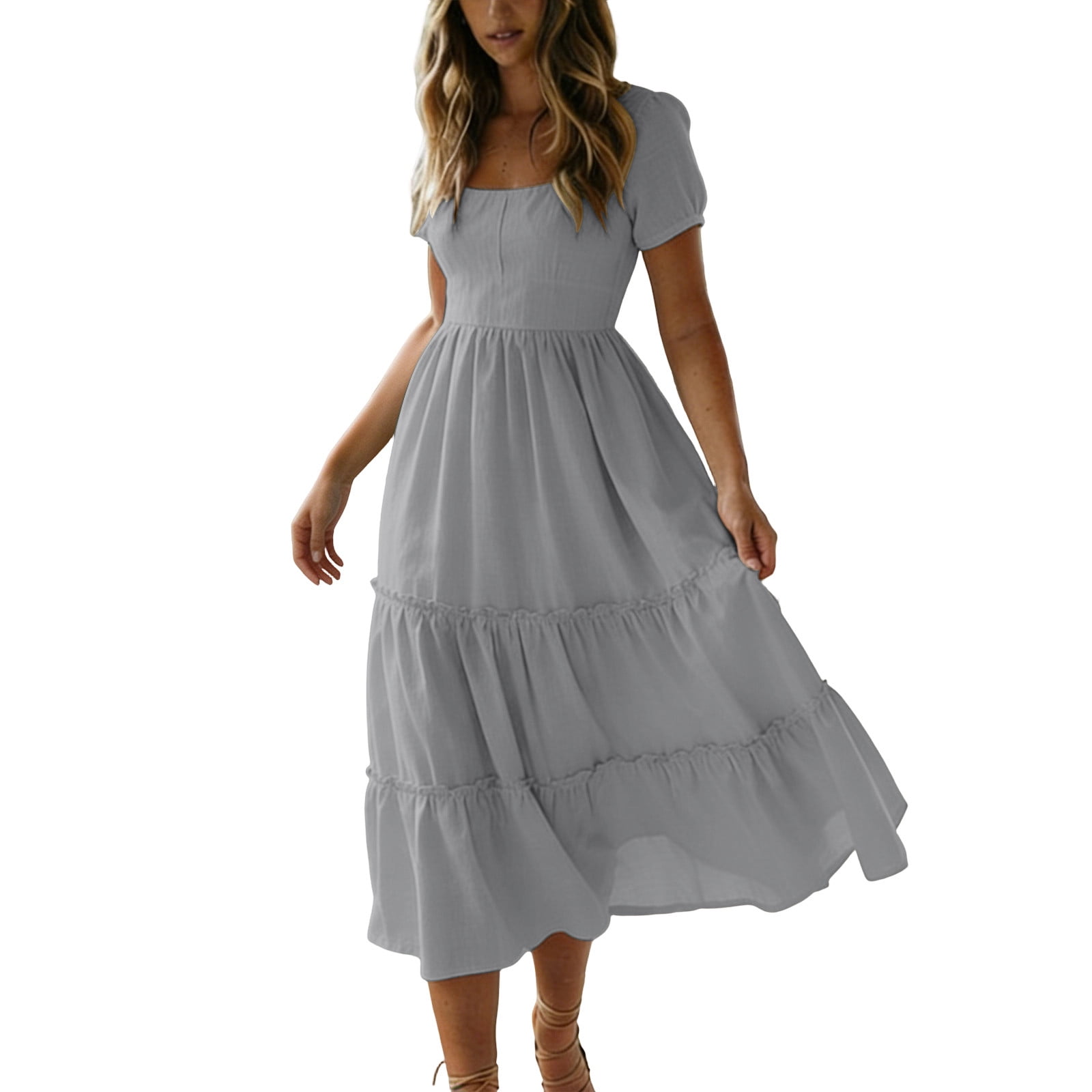 Women's Square Neck Tiered Midi Dress Short Puff Sleeve Casual Flowy A-Line Dress Summer Midi Dress