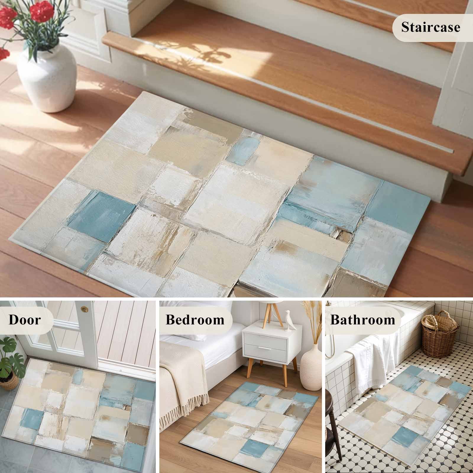Blue Beige Bathroom Mat 2x3 FT, Non Slip Small Kitchen Mat, Modern Abstract Color Blocks Washable Soft Backed Front Door Throw Rug Non-Shedding Indoor Outdoor Doormat for Entryway Sink