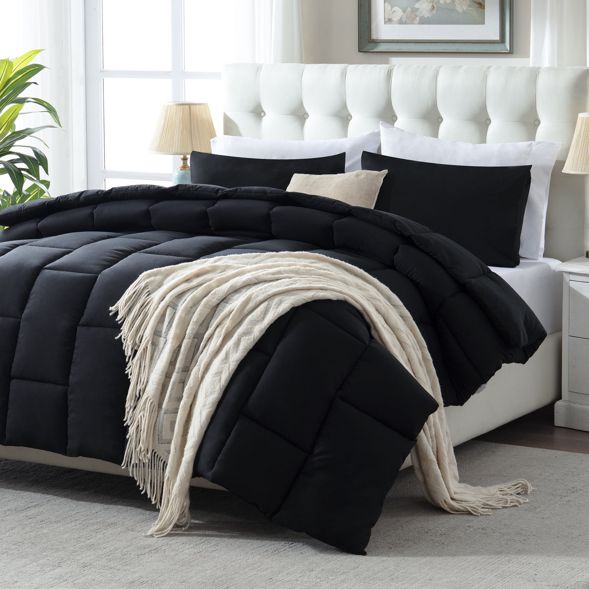 Yalamila Twin Size Comforter Set 2-Piece All-Season Down Alternative Reversible Comforter Set,Dark Black,200GSM Cooling Quilted Duvet Insert, 95GSM Soft Cover Bed in a Bag