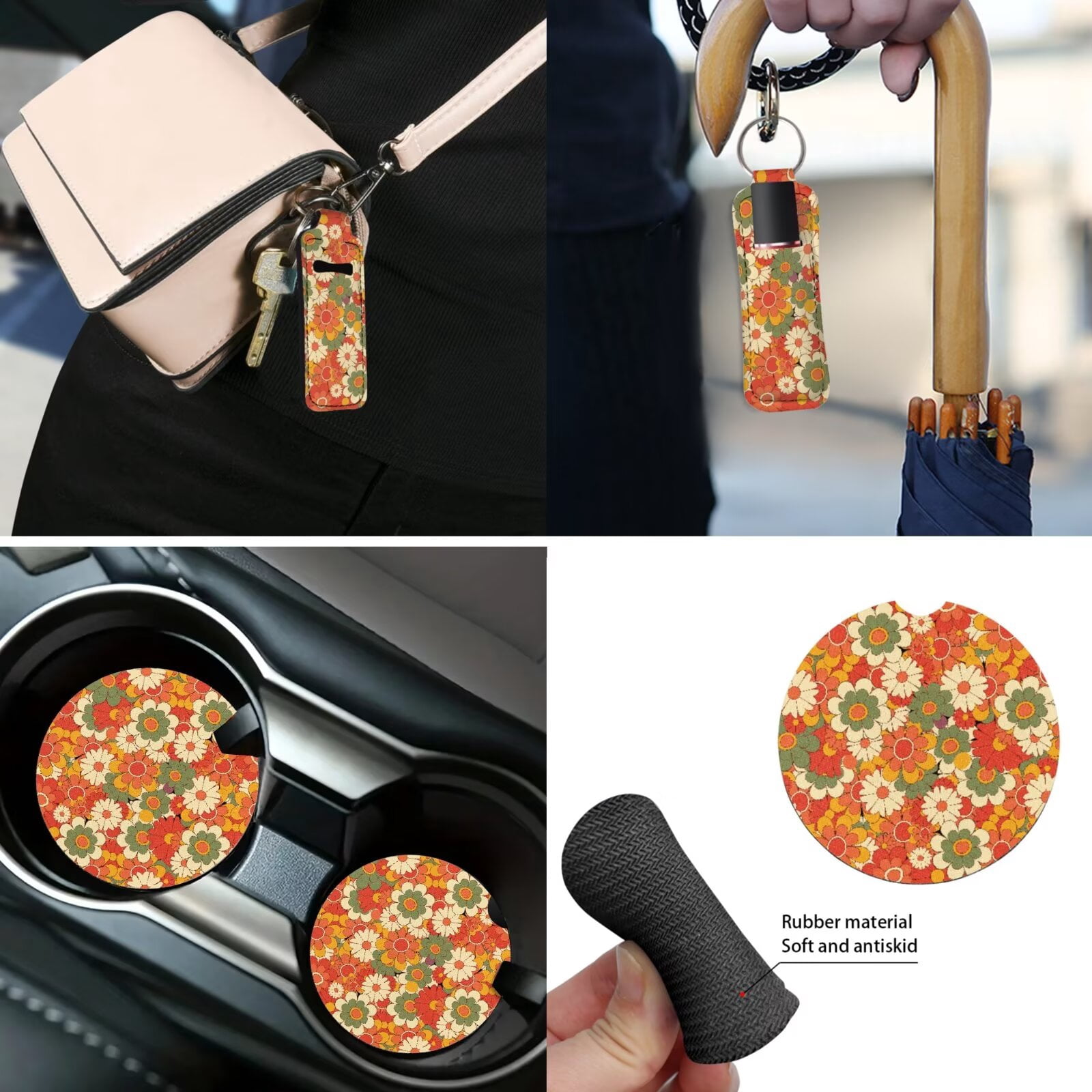 Jeiento 13 PCS Car Seat Cover Set with Steering Wheel Cover Seat Belt Strap Cover Armrest Cover Coaster Keychain Abstract Hippie Flower Automobile Interior Sets Decor Easy to Install