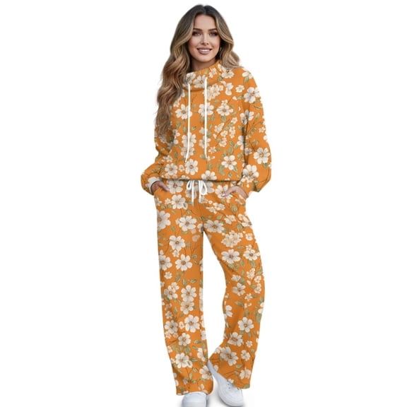 Renewold Womens Lounge Sets Petite 2 Piece Outfits Women's Activewear Mock Neck Pullover Drawstring High Waisted Sweatpants Lightweight Jogger Set, Pastoral Floral Print Orange, XS