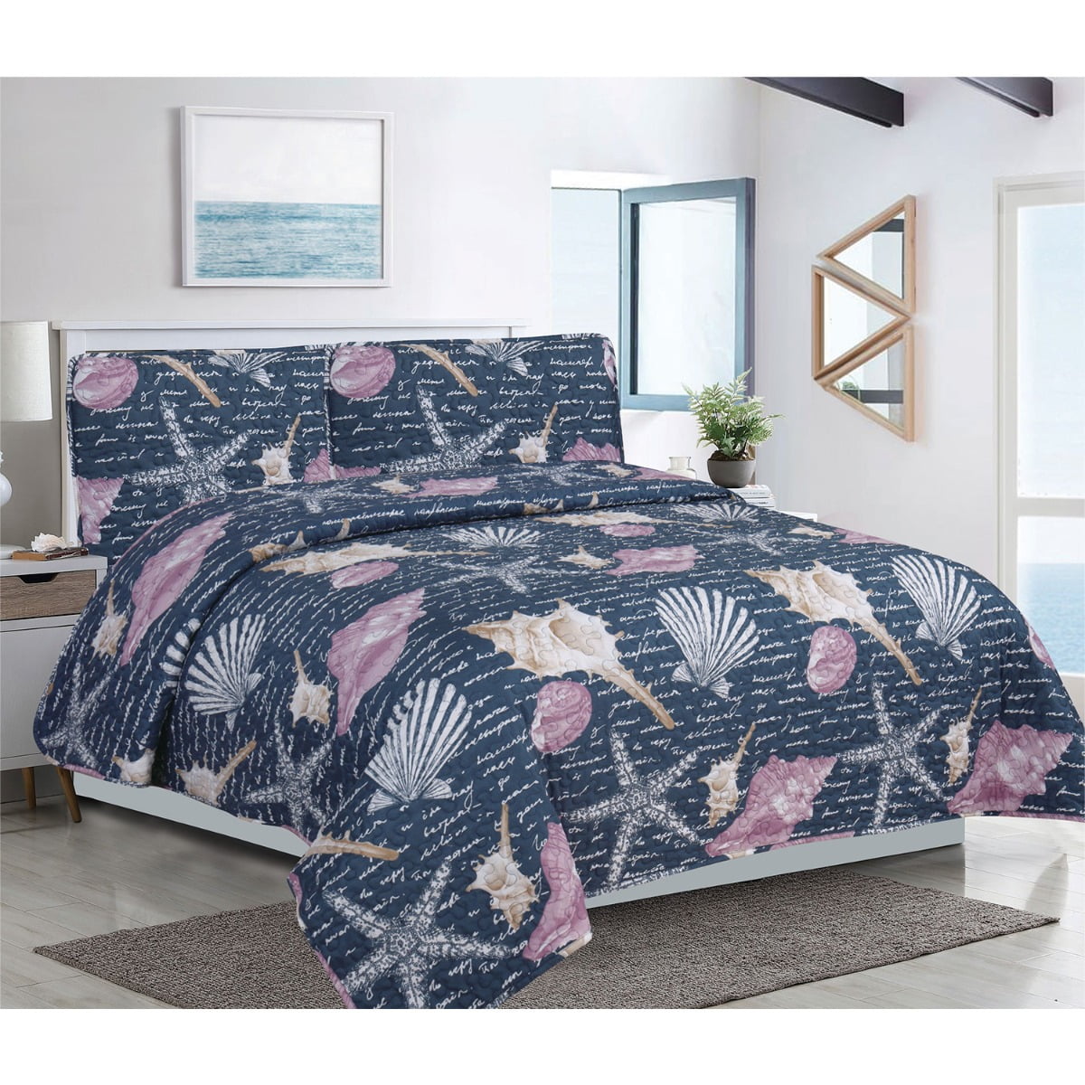 Coastal Seashell Starfish 3-Piece Full/Queen Quilt and Sham Coverlet ...