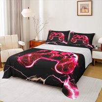 Manfei Game Full Size Sheets,Vintage Gamepad Controller Bed Sheets,Red Black Sheet Sets For Boy,Microfiber Room Decor,4 Pieces