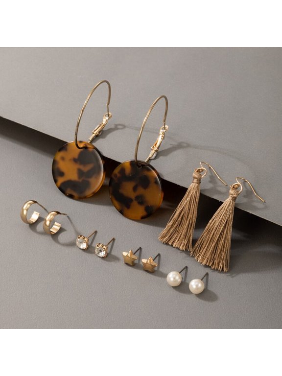 Goldtone Beige Tasseled Faux Tortoise Shell Earring Set