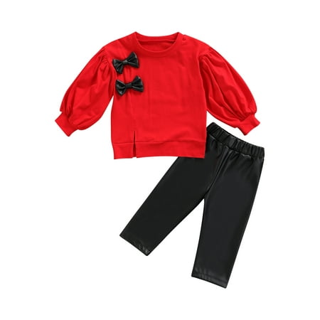 

Sunisery 2Pcs Kids Baby Girls Clothes Sets Long Puff Sleeve Tops Sweatshirt PU Leather Pants Leggings Outfit Red 2-3 Years