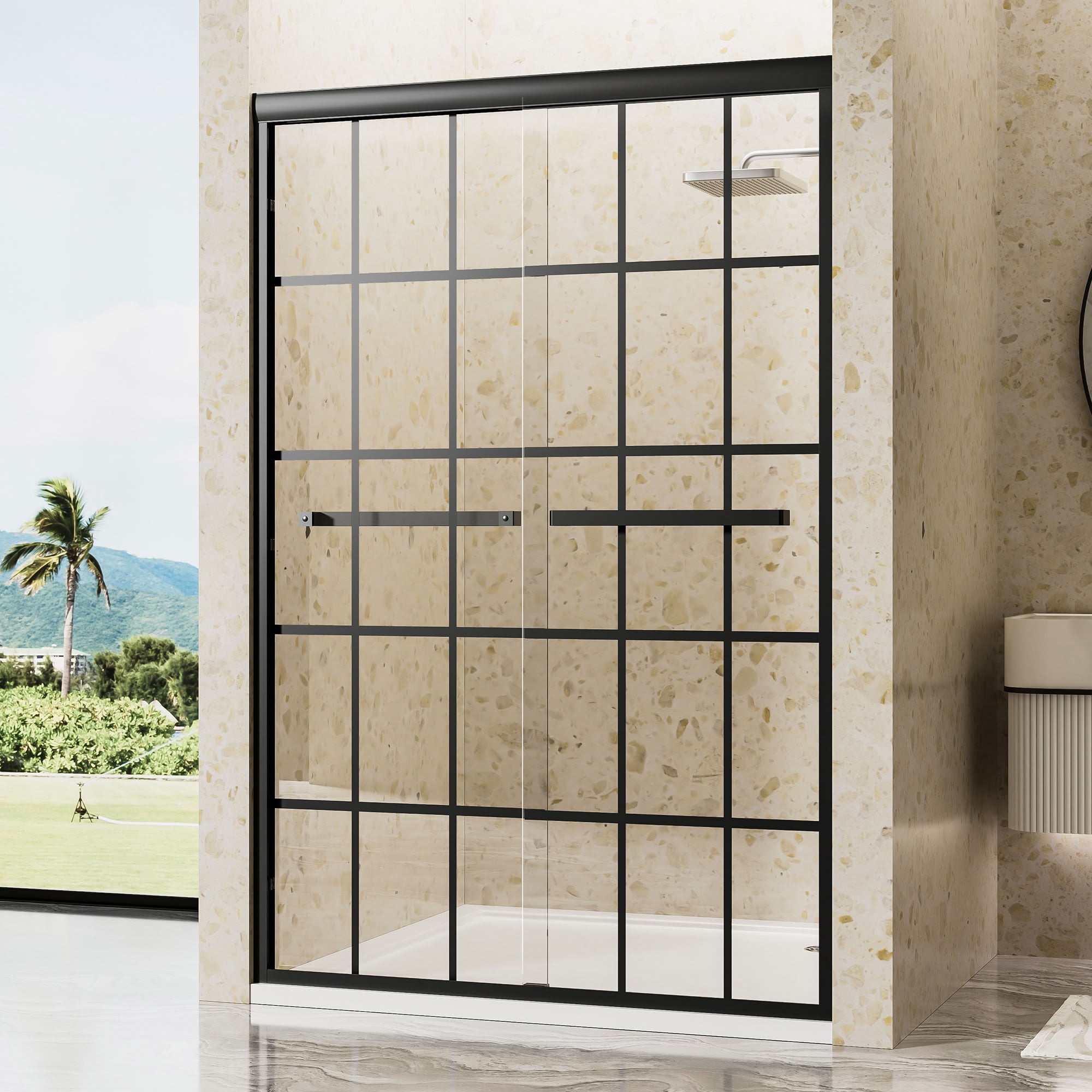 MAYEERTY Double Sliding Shower Door, Matte Black Aluminum Frame, 1/4" Tempered Glass with Nano Self-Cleaning Coating, Waterproof & Reversible Installation