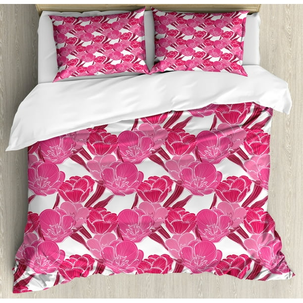 Floral King Size Duvet Cover Set, Pink Spring Blossoms with Striped