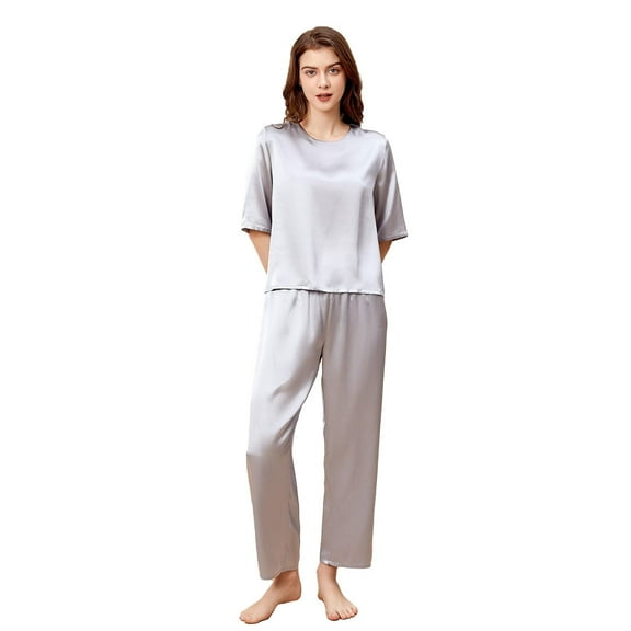 THXSILK 100% Mulberry Silk Women's Pajama Set, Round Neck Short Sleeve Nightwear with Long Pants, Soft& Lightweight, Gray, M