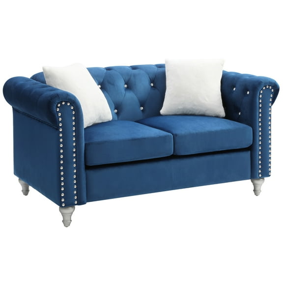 Passion Furniture Raisa 60 in. Navy Blue Velvet 2-Seater Sofa with 2-Throw Pillow