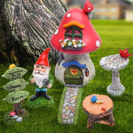 Mushroom Figurines Garden Teresa's Collections 6 Pcs Fairy Garden Accessories Kit-Miniature Garden Gnomes Statue Mushroom Fairy House Figurines for Outdoor Yard Decorations ()