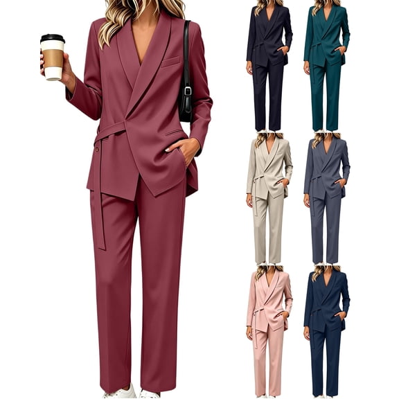 JOANKDMI 2 Piece Womens Suit Set Long Sleeve Wrap Belted Blazer Jacket and Straight Leg Pants Elegant Business Casual Office Work Wear Professional Matching Outfit