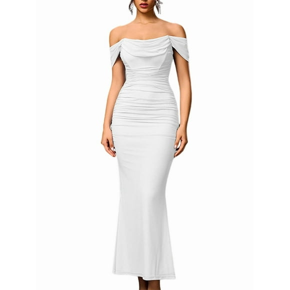 Off the Shoulder Maxi Long Dress Corset Ruched Bodycon Formal Wedding Guest Dresses for Women White M