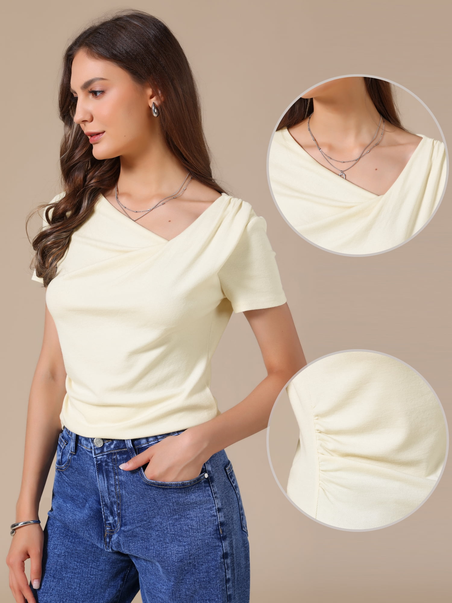 DARING DIVA Women's Short Sleeves Top Ruched Going Out Crop Slim Tee Blouse L Apricot