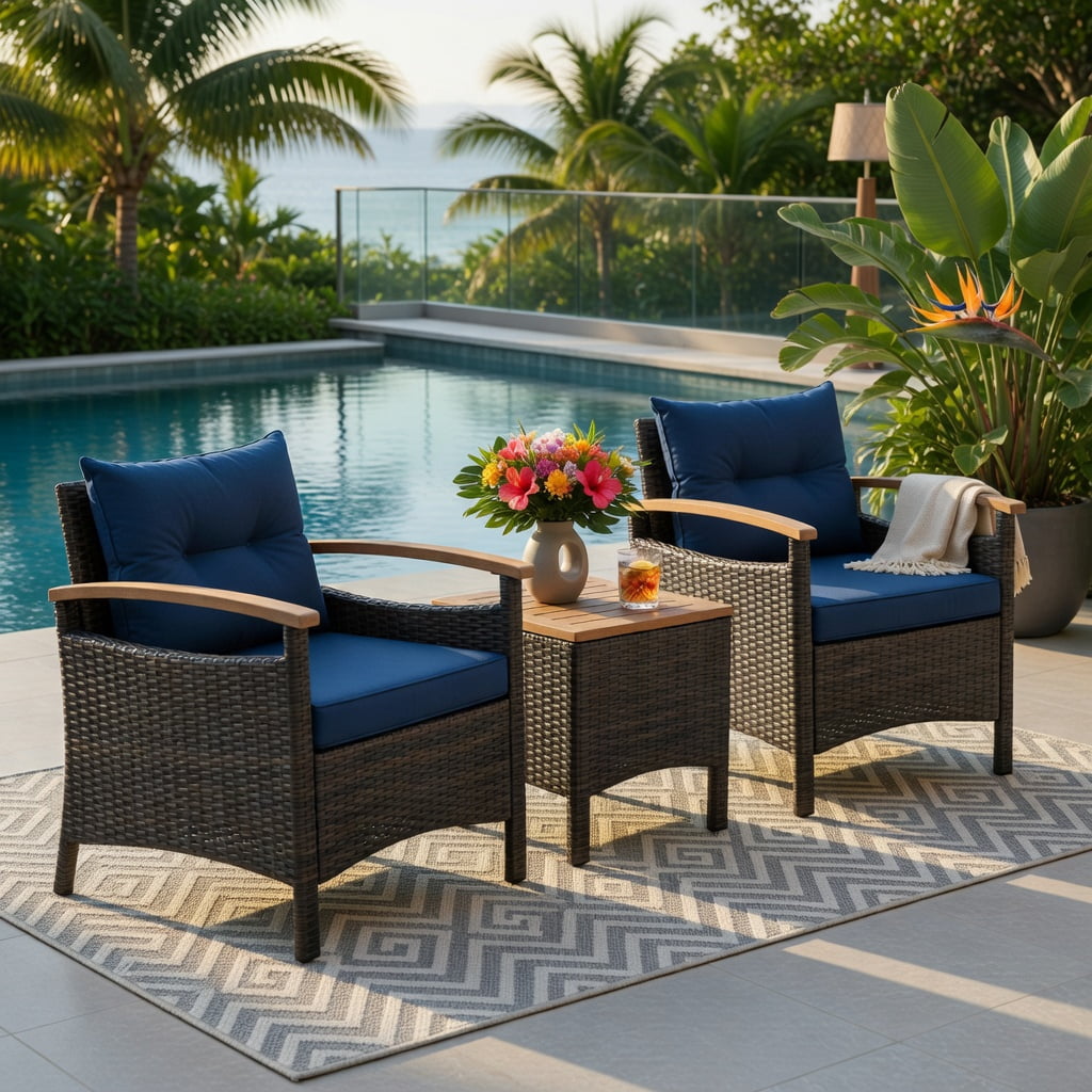 Hommoo 3-Piece Outdoor Rattan Patio Furniture Set, Steel Frame + Acacia Wood Coffee Table, Weather-Resistant PE Wicker Sofas, Navy