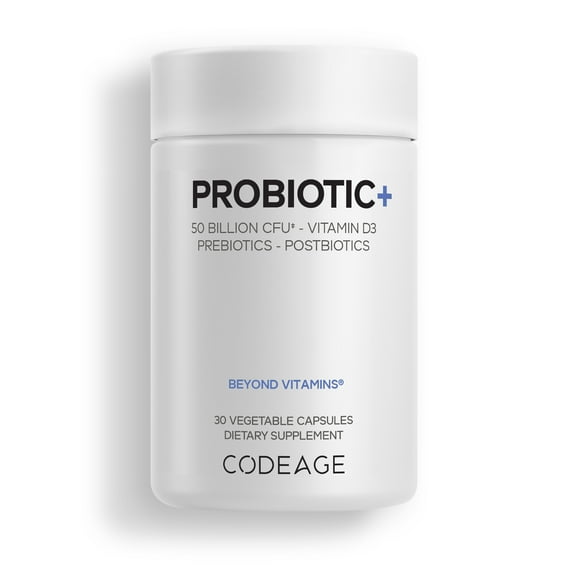 Codeage Probiotic  50 Billion CFU** Supplement - 12-Strain Probiotic Blend, Organic Prebiotic Fiber, Postbiotics, Vitamin D3, Zinc Bisglycinate, Quercetin - for Men & Women - Non-GMO - 30 Capsules