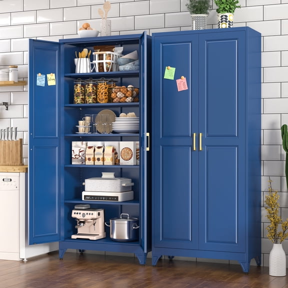 Polup Modern Metal Kitchen Pantry Storage Cabinet with 5 Adjustable Shelves,75" H Blue