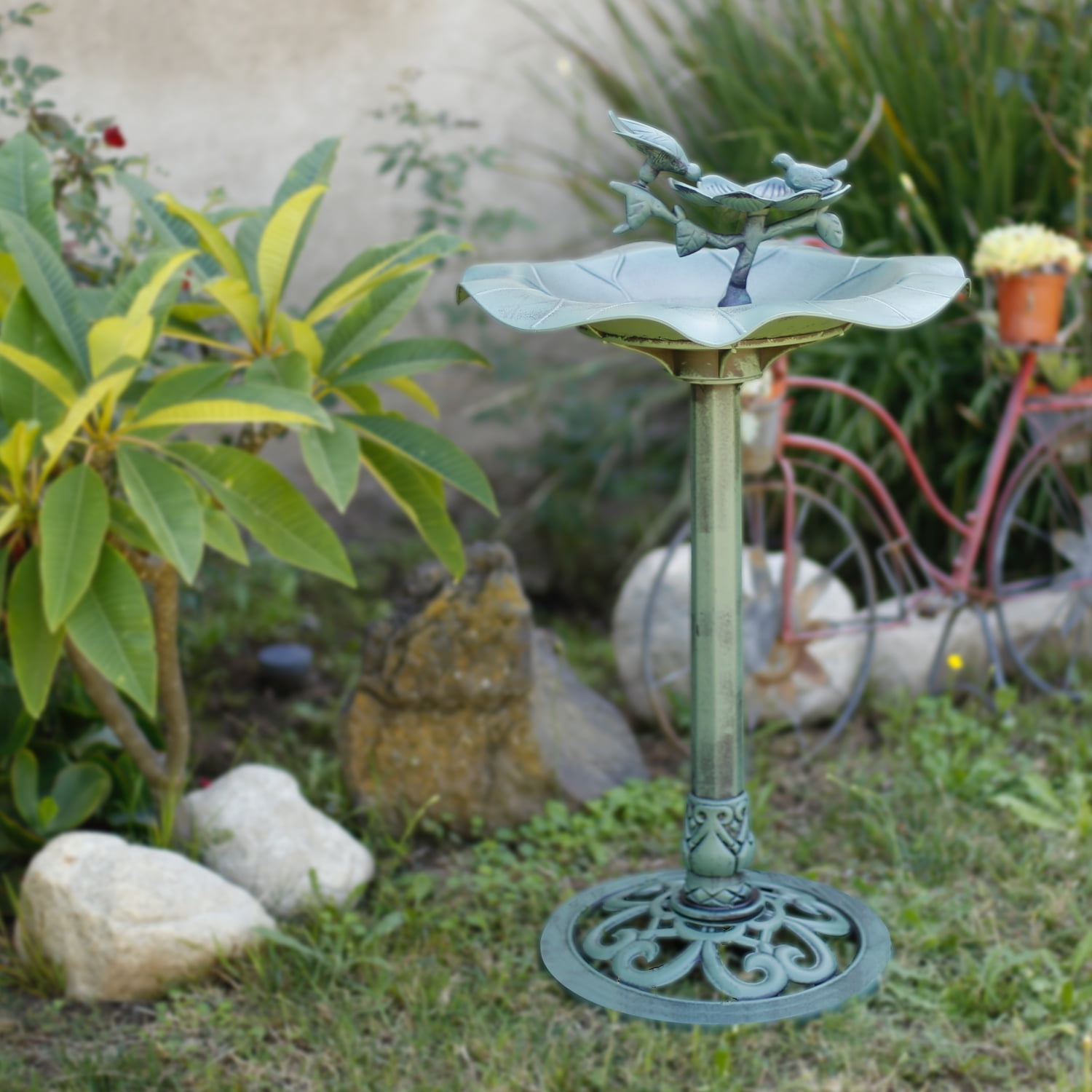 28" Luxury Bird Bath Garden Decorative Assembled  Verdigris Bird Feeder Outdoor 