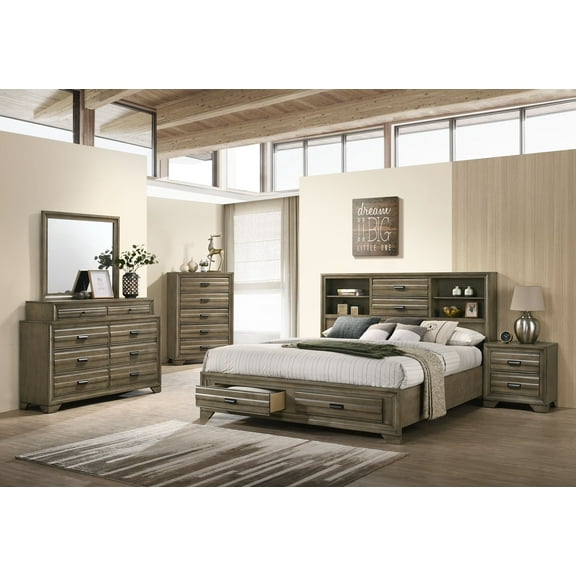 Loiret Light Grey Finish Wood Storage Platform Queen Bedroom Set with Dresser, Mirror, Nightstand, Chest