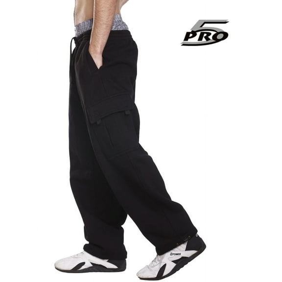PRO 5 Men's Heavy Weight Fleece Cargo Pants Gym Work Pants Black