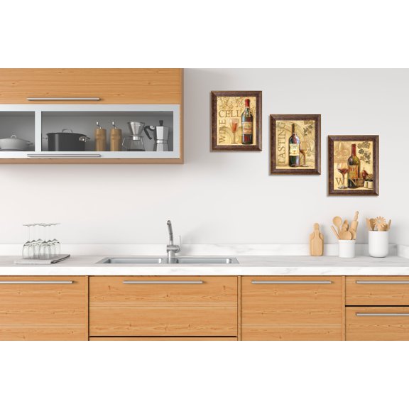 Gango Home Decor Italian Wine Kitchen Wall Art; Three Beige 8x10in Art Prints in Gold Trim Brown Frames