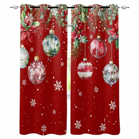 Hokiten Red Christmas Balls Blackout Curtains | Light Blocking Print Window Curtains, Xmas Snowflake Botanical Thermal Insulated Window Drapes for Living Room Kitchen Cafe (2 Panels, 104"W x 96"L)