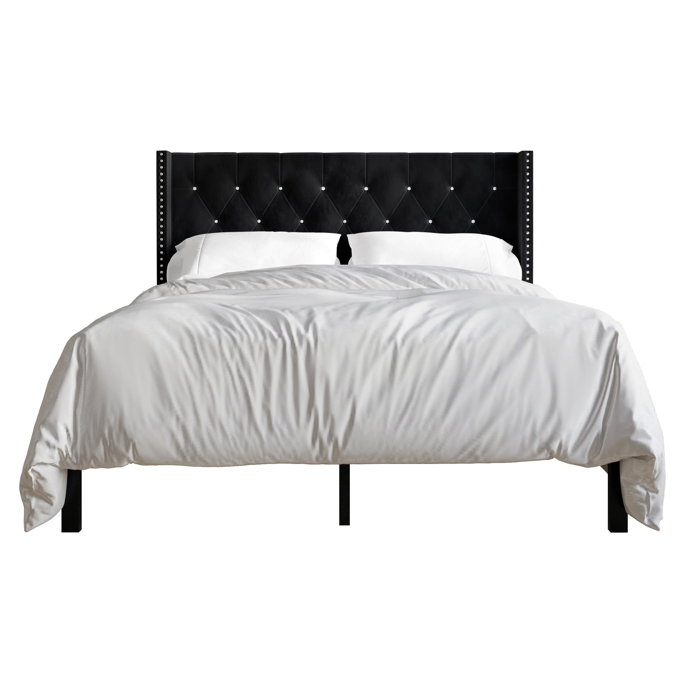 Castle Place Button Tufted Wingback Velvet Upholstered Bed, Black, Queen