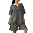 thumbnail image 2 of Two Piece Sets For Women Summer Linen Casual Outfit Plus Size Loose Fit Short Sleeve Shirts & Wide Leg Shorts Sets,Army Green,XL, 2 of 7