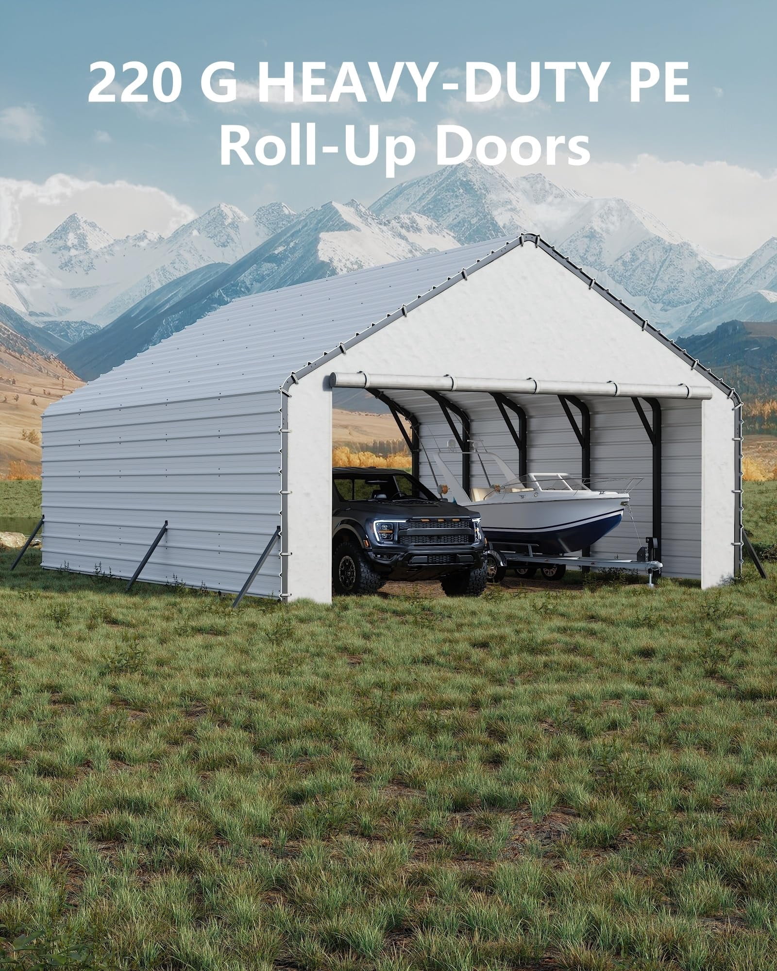 Heavy-Duty PE Enclosure Kit (2-Pack) for Metal Carport - 220gsm Roll-Up Zipper Door Panels for 20x25, 20x20 ft, with Ball Bungees, White