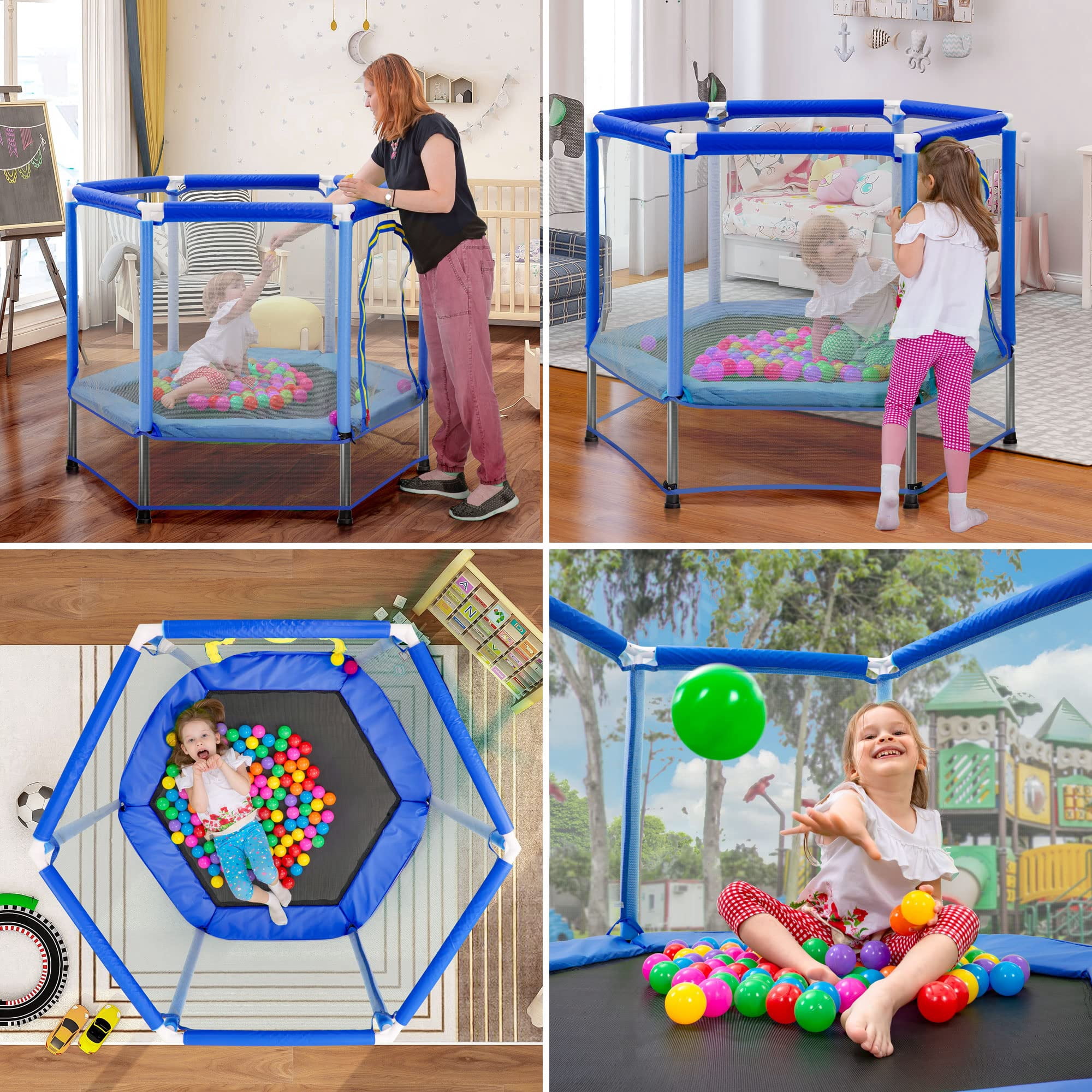 JOYFULIN 55" Trampoline for Kids, 4.5FT Mini Indoor Outdoor Toddler Trampoline with Enclosure Net and Pit Balls Baby, Small Kids Trampoline Birthday Gifts for Girl and Boy Age 1-8
