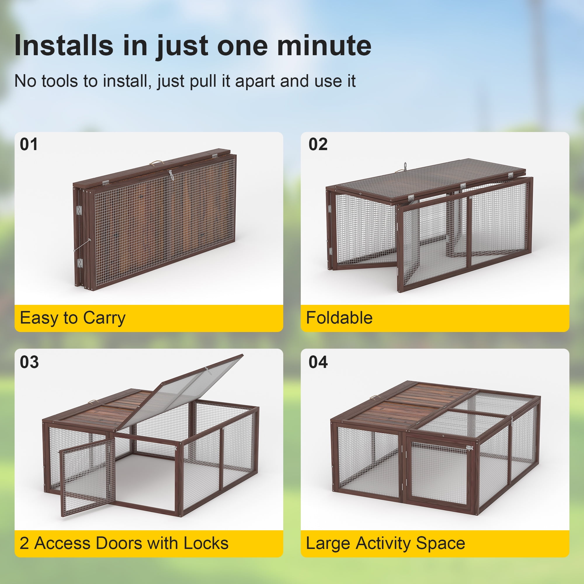Portable Chicken Coop Run Rabbit Hutch Outdoor Small Animal Cage House Wooden Poultry Enclosure for Bunny, Duck, Chick, Quail, No Assembly Required