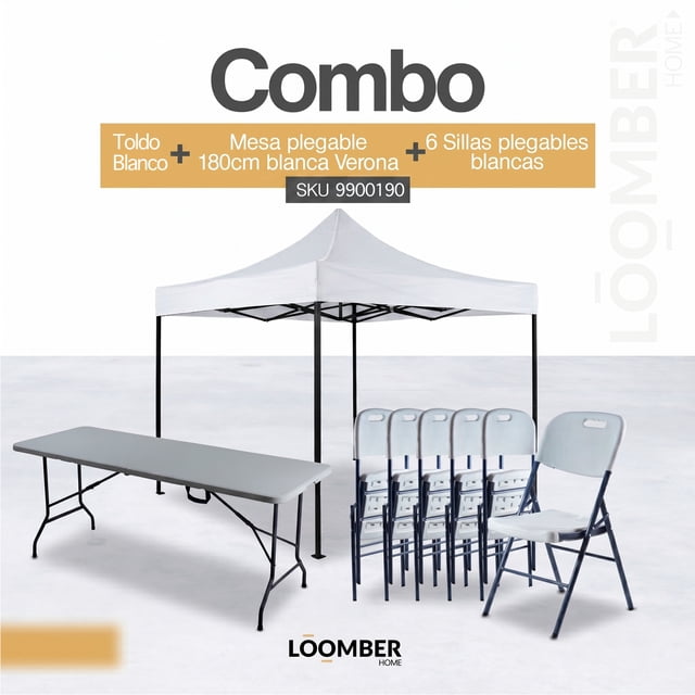 Combo de Mesa y 6 Sillas Plegables con Toldo Blanco Impermeable