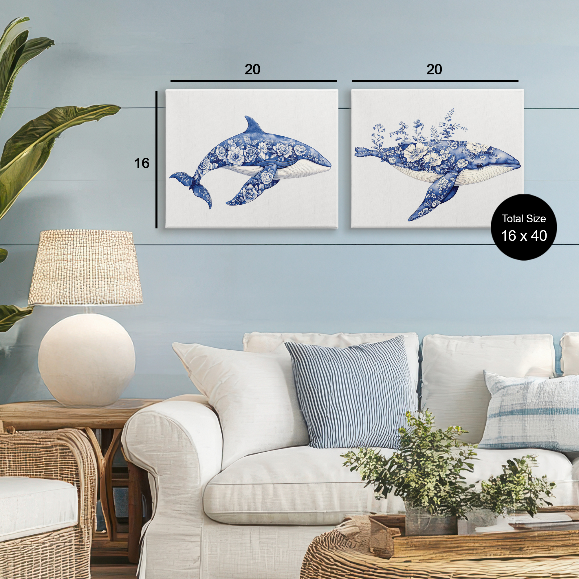Blooming Toile Pattern Whales 2 Piece Canvas Wall Art Set, design by Lettered and Lined
