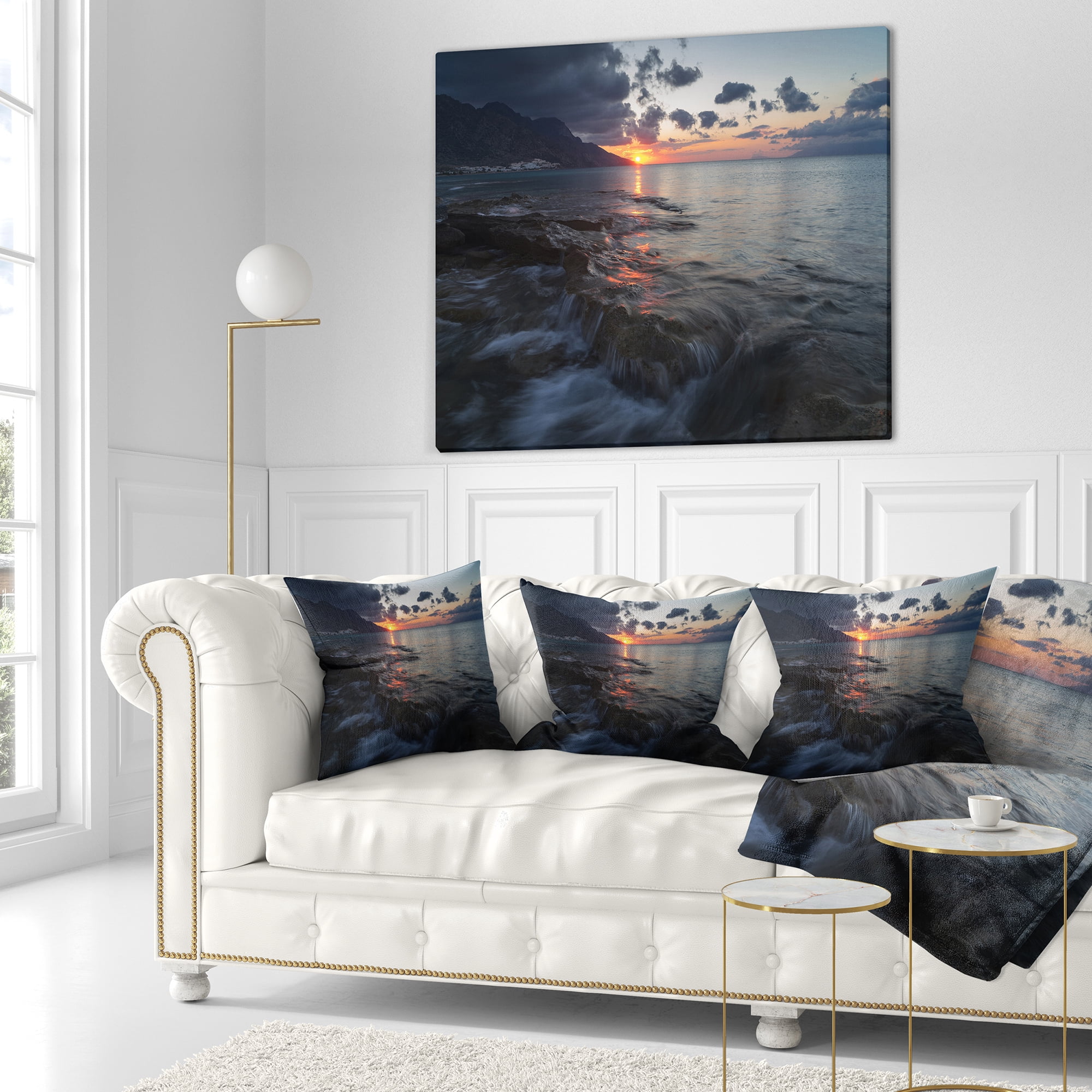 Designart Dark Mediterranean Beach Dawn - Modern Seashore Throw Pillow - 18x18